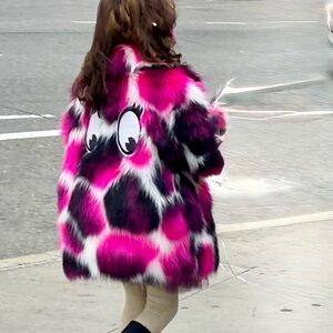 Vibrant Pink and Black Faux Fur Coat